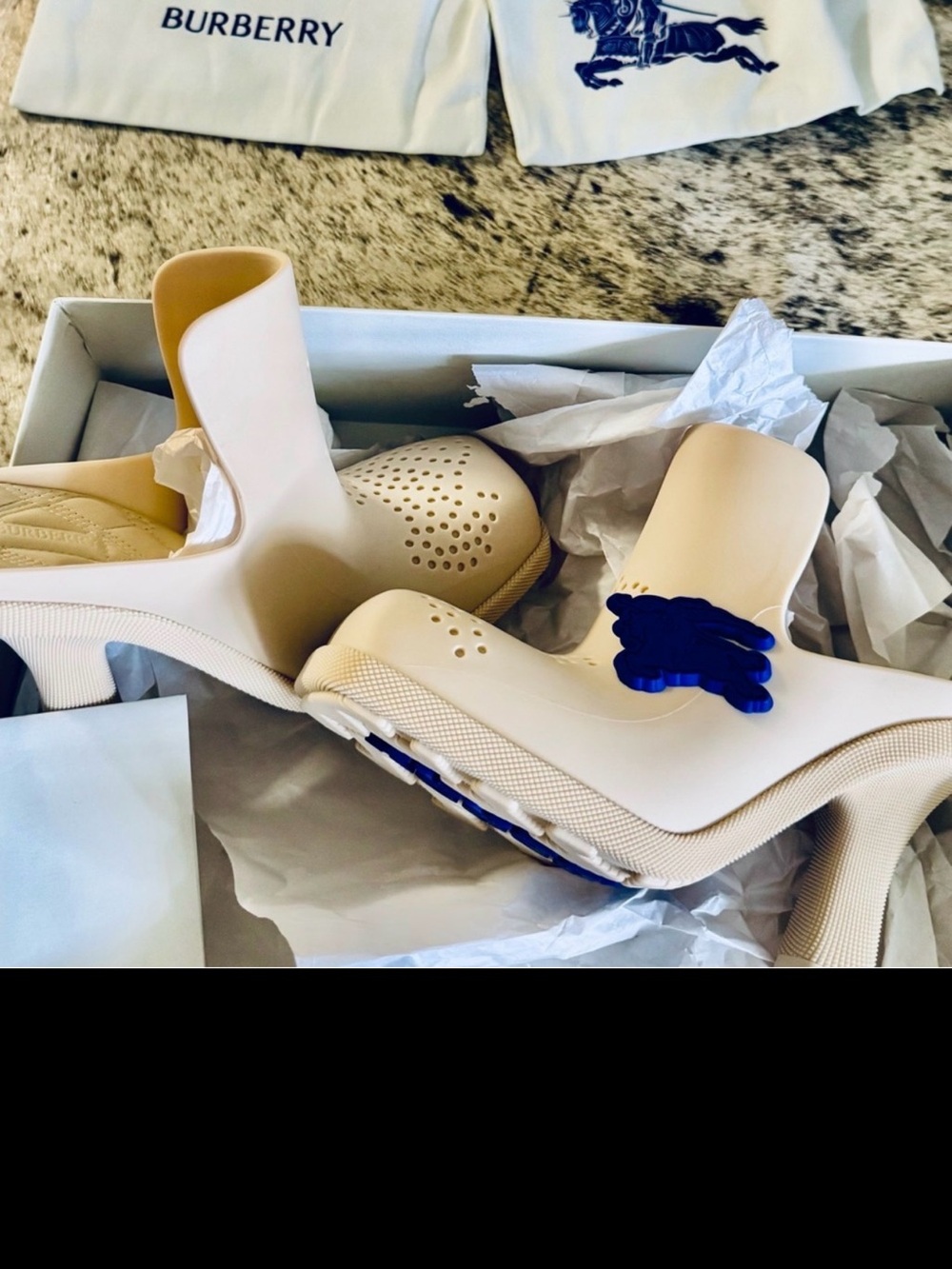 Burberry Cream Slip-On Perforated Wedge Mule with Blue Sole Accent . SZ 39